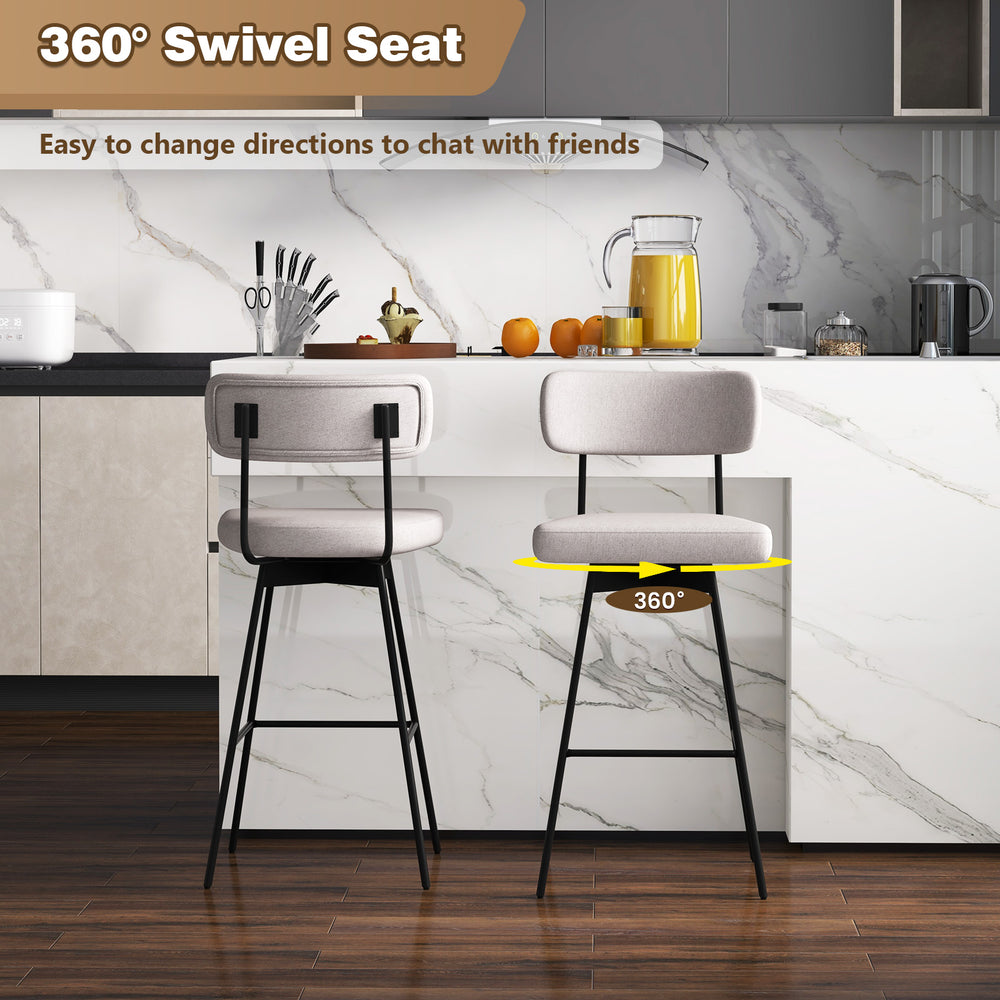 29-inch beige upholstered swivel bar stools with 360° seat, ideal for kitchen counters and dining areas.