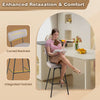 Beige 29-inch upholstered swivel bar stool with curved backrest and integrated footrest, ideal for kitchen or dining.