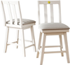 Set of 2 white modern bar stools with 25-inch height, upholstered seats, and 360° rotation for kitchen or dining use.
