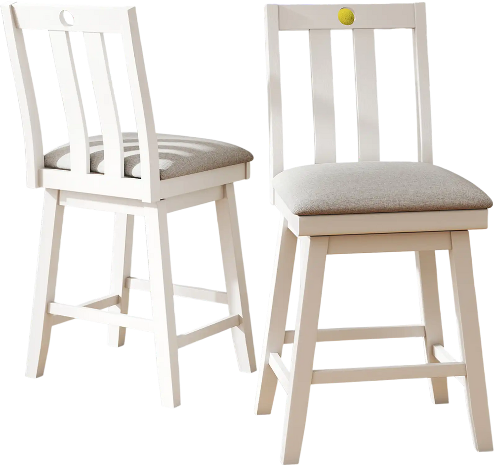 Set of 2 white modern bar stools with 25-inch height, upholstered seats, and 360° rotation for kitchen or dining use.