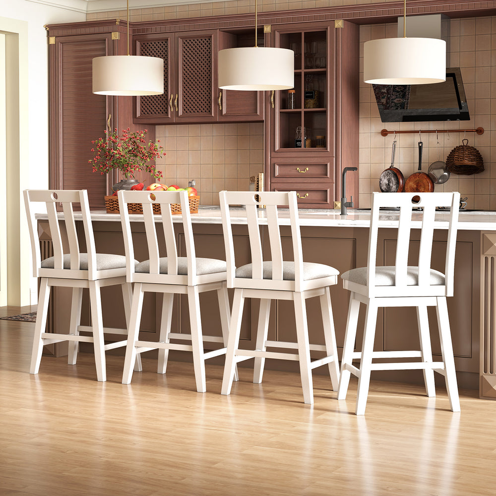 Set of two 25-inch white modern bar stools with upholstered seats and 360° rotation, perfect for kitchens and dining.