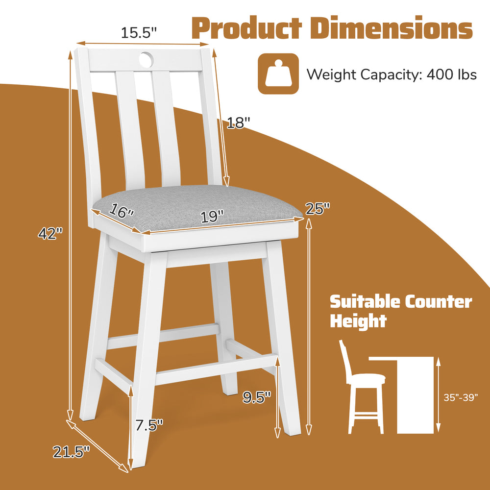 25-inch modern bar stool with upholstered seat, 360° rotation, and sturdy white rubber wood frame for counter height.