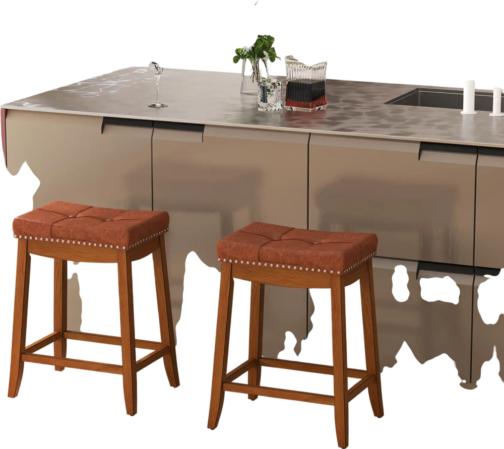 Set of 2 25-inch upholstered PU leather bar stools with saddle seat and wooden legs, perfect for kitchen or dining.