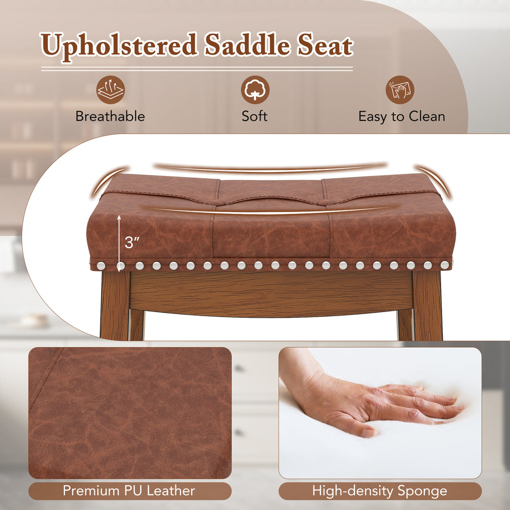 Upholstered saddle seat bar stool in brown PU leather with button tufting, ideal for dining rooms and cafes.