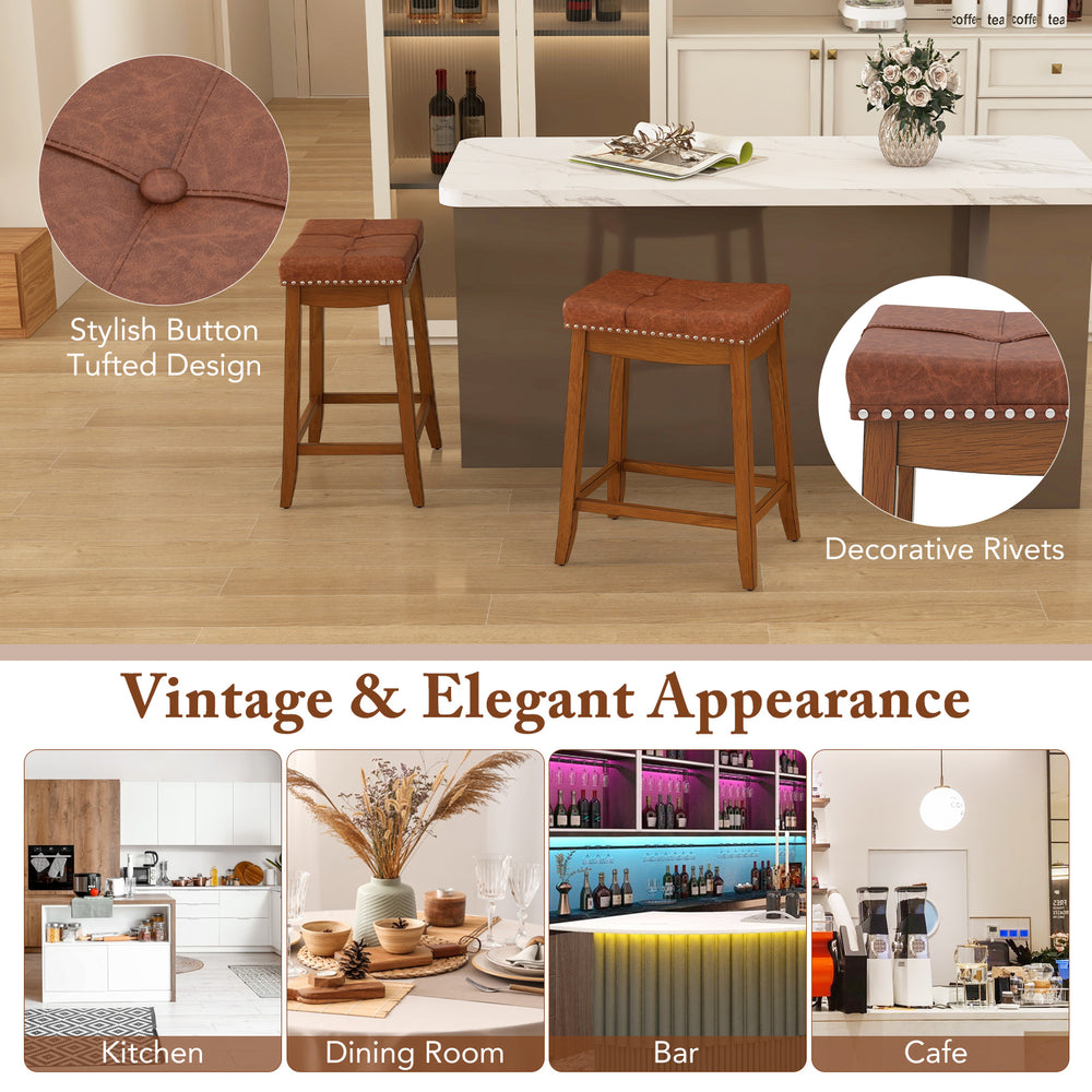 Set of 2 upholstered PU leather bar stools with saddle seat, vintage design, ideal for kitchen or dining room use.