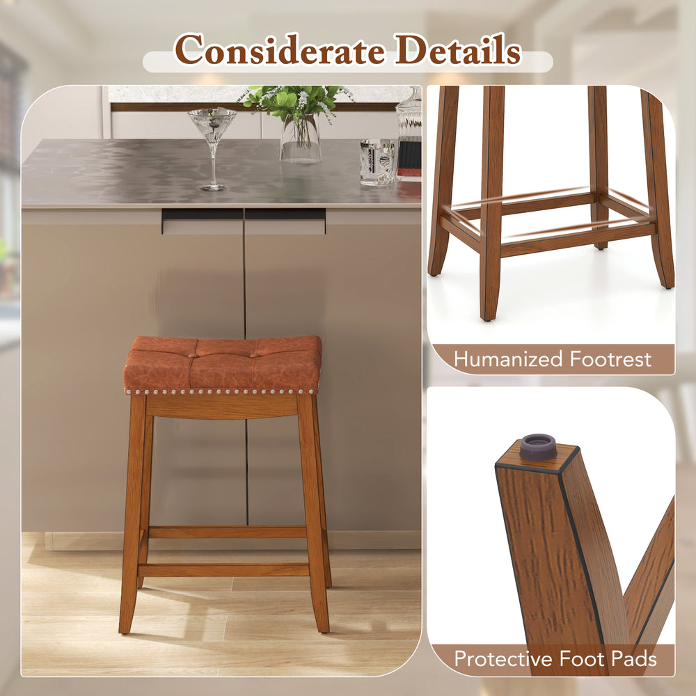 Upholstered PU leather bar stool with saddle seat, rubber wood legs, and adjustable foot pads for kitchen or dining use.