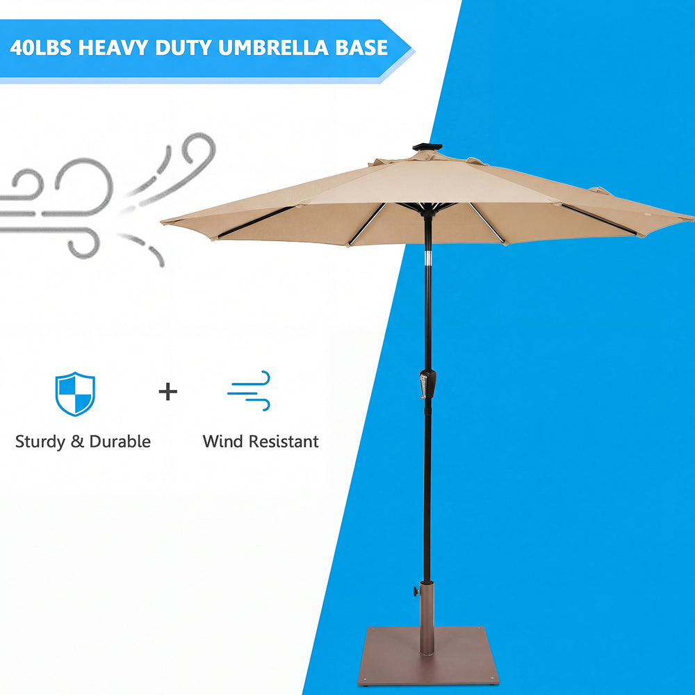 25-inch square patio umbrella base in brown, made of durable powder-coated steel, ideal for outdoor use and stability.