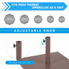 25-inch square patio umbrella base in brown with adjustable knob for securing 1.6"/1.9" poles, ideal for outdoor use.