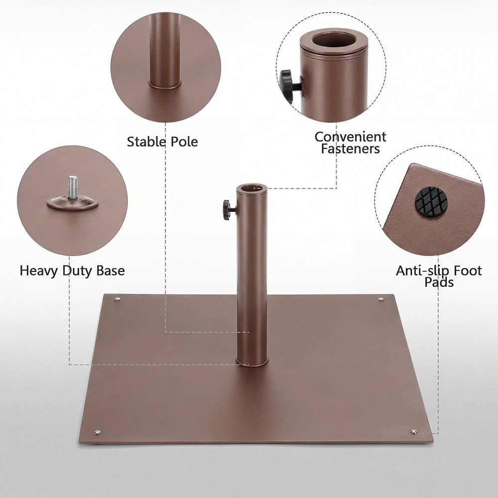 25-inch square patio umbrella base in brown with heavy-duty steel, adjustable pole, and anti-slip footpads for.