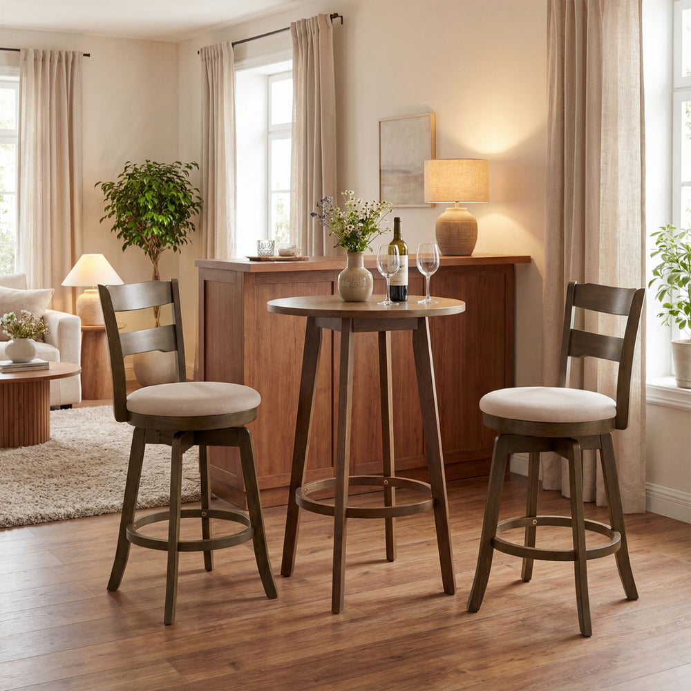 Set of 2 swivel counter barstools with backrest, upholstered seat, and solid rubberwood construction for kitchen or bar.