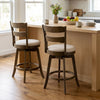 Pair of 25-inch swivel counter barstools showcasing their breathable polyester upholstery and sturdy rubberwood base.