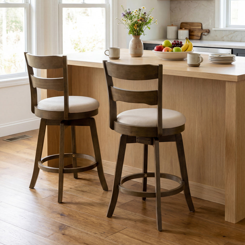 Pair of 25-inch swivel counter barstools showcasing their breathable polyester upholstery and sturdy rubberwood base.