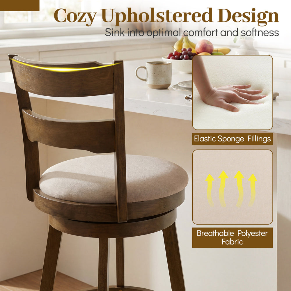 25-inch swivel counter barstool with upholstered seat, elastic sponge filling, and ergonomic backrest for kitchen.
