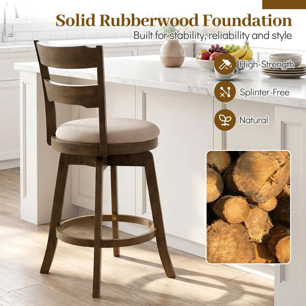 25-inch swivel counter barstool with backrest, upholstered seat, solid rubberwood for kitchen or bar use.
