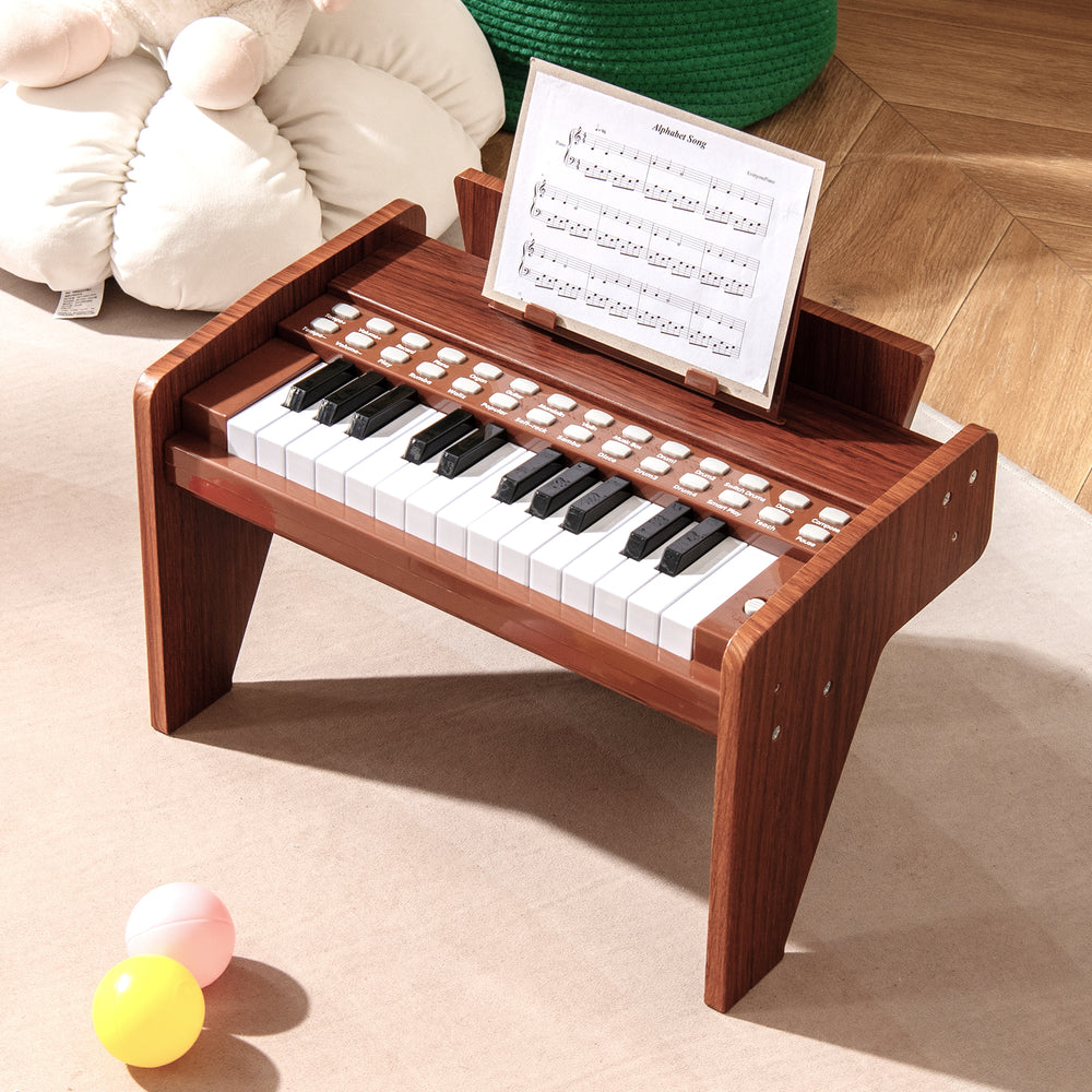 25-key kids piano keyboard in brown with adjustable speed and volume, designed for toddlers aged 3+, perfect for.