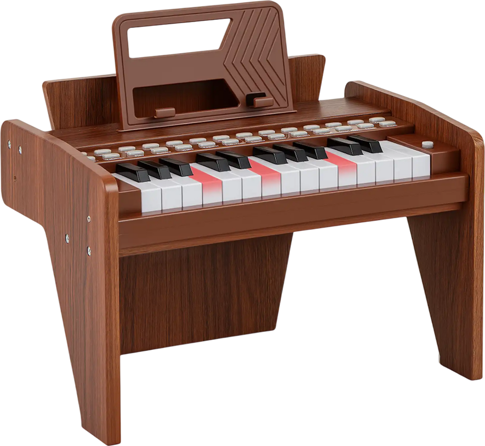 25-key kids piano keyboard in brown with adjustable speed and volume, perfect for toddlers aged 3 and up.