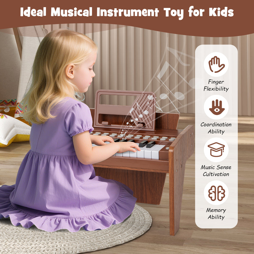 25-key kids piano keyboard in brown, featuring adjustable speed and volume, ideal for developing musical skills.