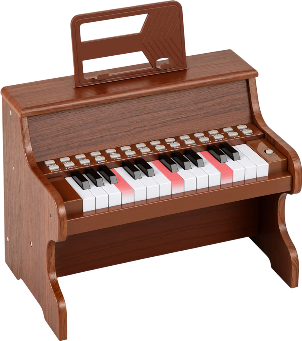 25-key kids piano keyboard in brown with adjustable speed, teaching mode, and sturdy design for toddlers aged 3+.