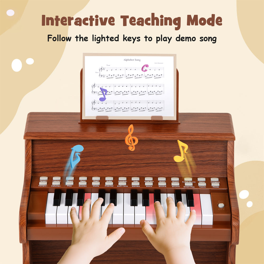 25-key kids piano keyboard in brown with interactive teaching mode, perfect for toddlers aged 3+ to learn music.