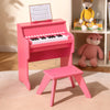 Pink 25 keys kids piano keyboard with stool, featuring adjustable volume and speed, perfect for toddlers' musical play.