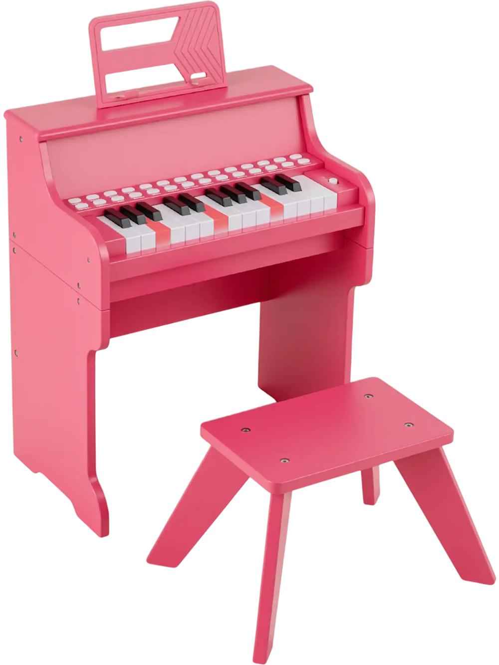 Pink 25 keys kids piano keyboard with stool, featuring adjustable speed and volume, ideal for toddlers' musical play.