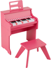 Pink 25 keys kids piano keyboard with stool, featuring adjustable speed and volume, ideal for toddlers' musical play.