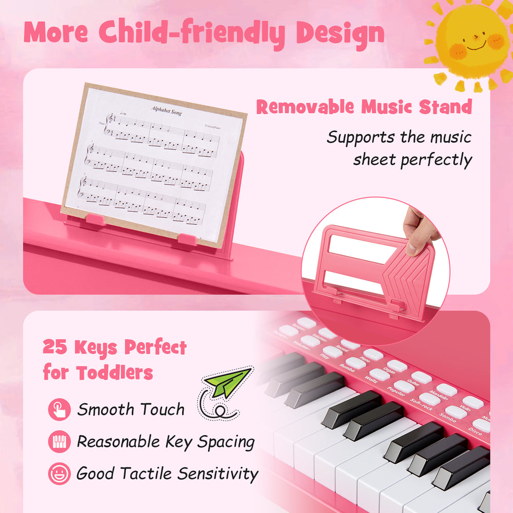 25-key pink kids piano keyboard with removable music stand, designed for toddlers' safe and enjoyable play.