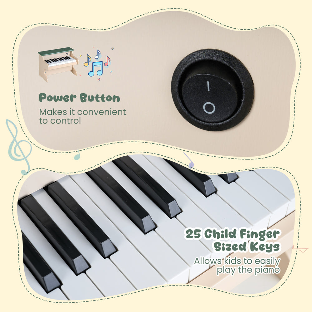 Child-sized keys and power button on the 25 Keys Kids Piano Keyboard, designed for safe and easy play.