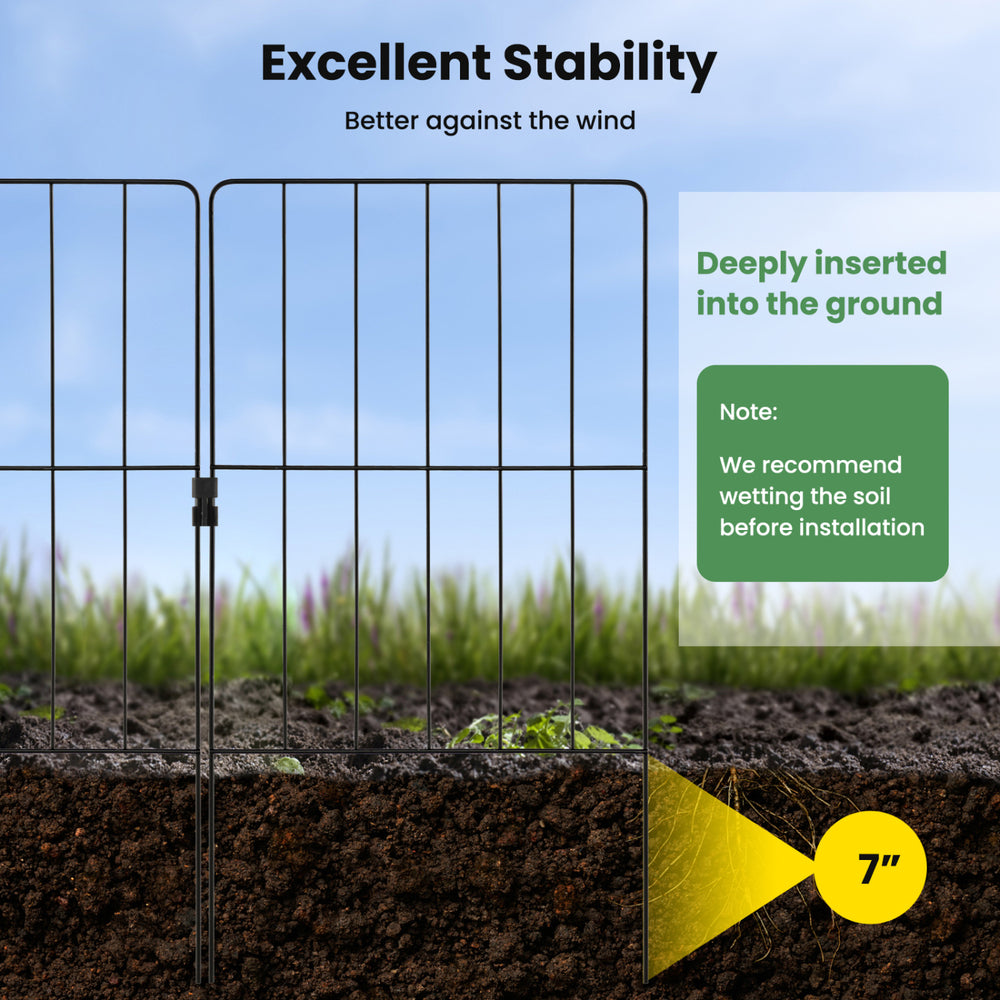 Decorative garden fence set with strong metal frame, 7-inch deep installation for excellent stability and pet protection.