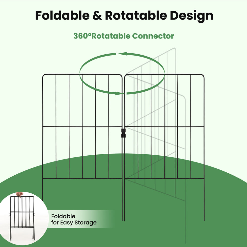 Decorative garden fence set features a foldable design with a 360° rotatable connector for flexible plant protection.