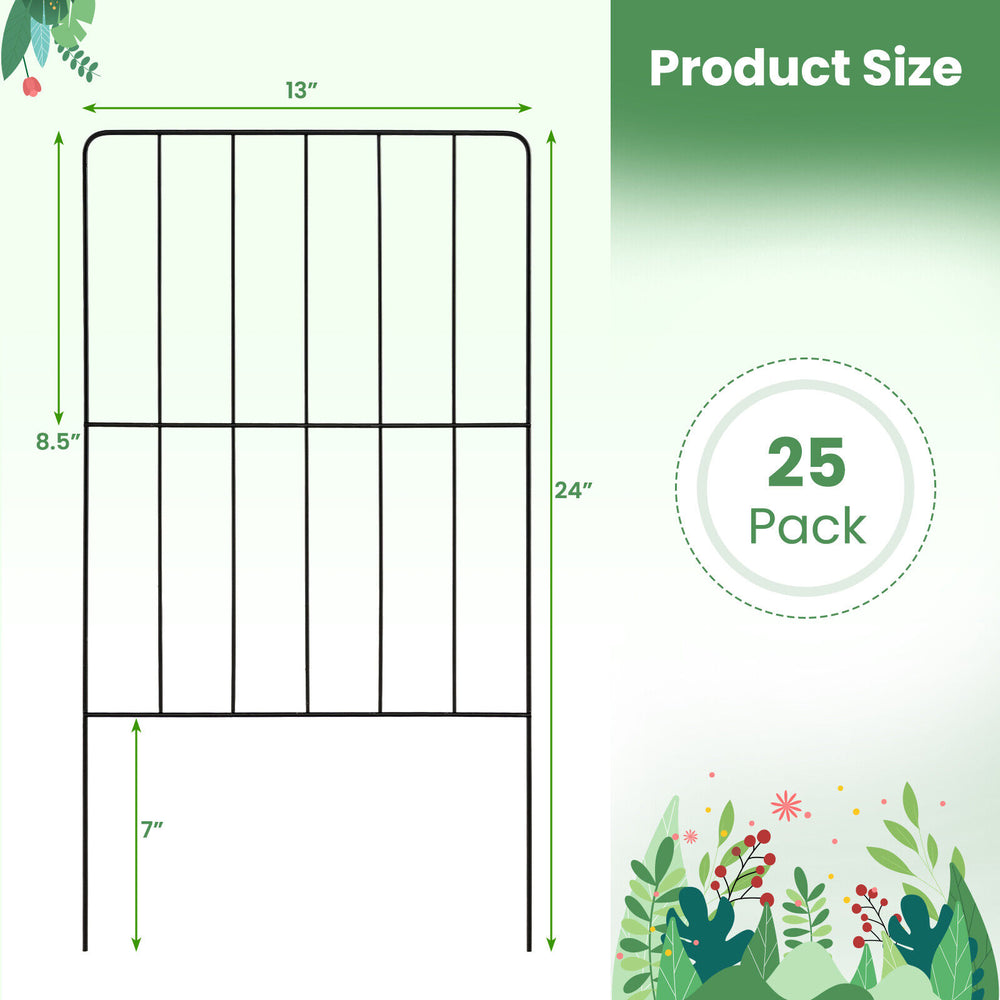 Decorative garden fence set, 24" tall, 25 pack, rustproof metal for pet protection and plant support in flower beds.
