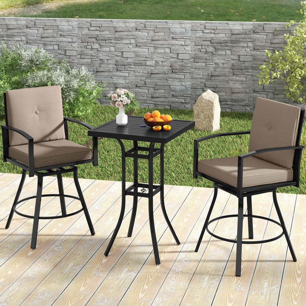 Close-up of a cushioned swivel bar chair with curved armrests, designed for comfort and support in outdoor settings.