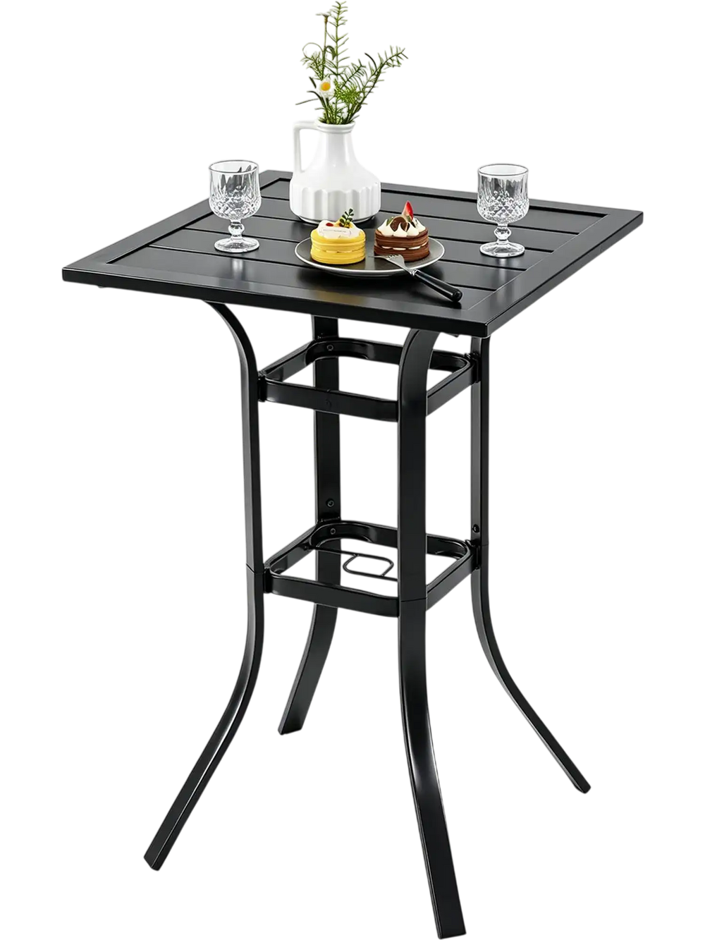 Square outdoor metal bar table with a 1.57" umbrella hole, perfect for patio dining and gatherings.