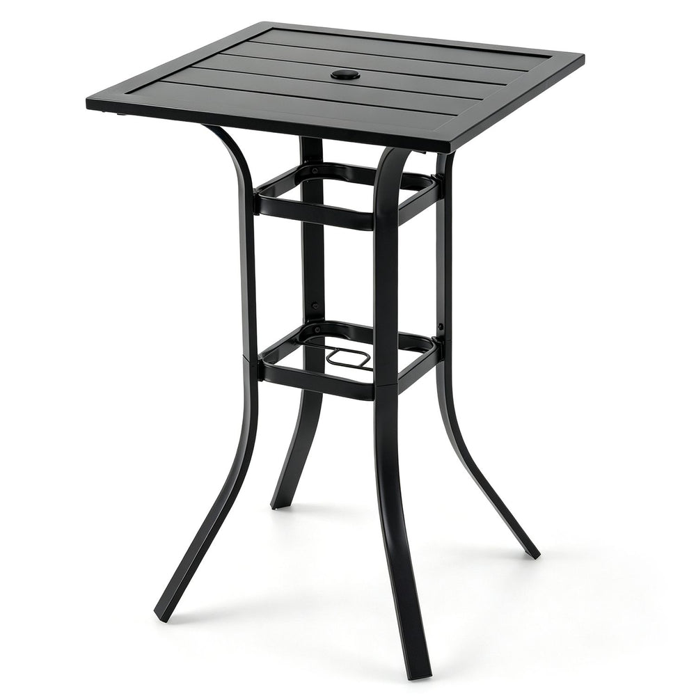 25" square patio dining table with a black metal frame, featuring an umbrella hole, perfect for outdoor gatherings.