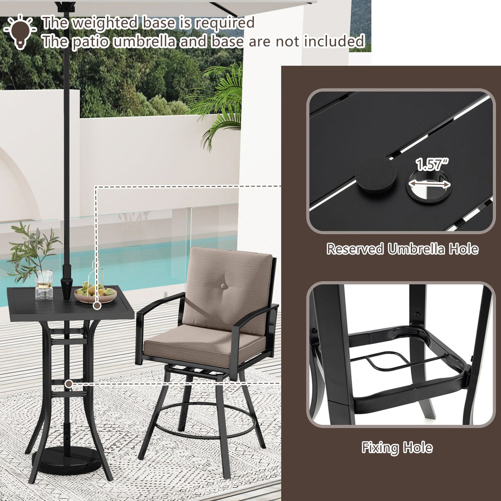 25" square patio dining table with a black metal frame and 1.57" umbrella hole, perfect for outdoor gatherings.