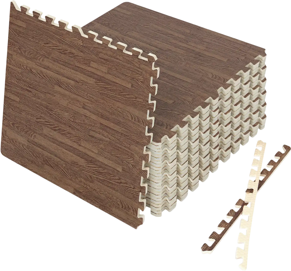 Brown wood grain foam floor mats with borders, featuring interlocking tiles for easy assembly and versatile flooring.