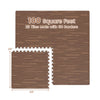 Brown wood grain foam floor mats set featuring 25 tiles and 50 borders, covering 100 square feet, 24x24 inches each.