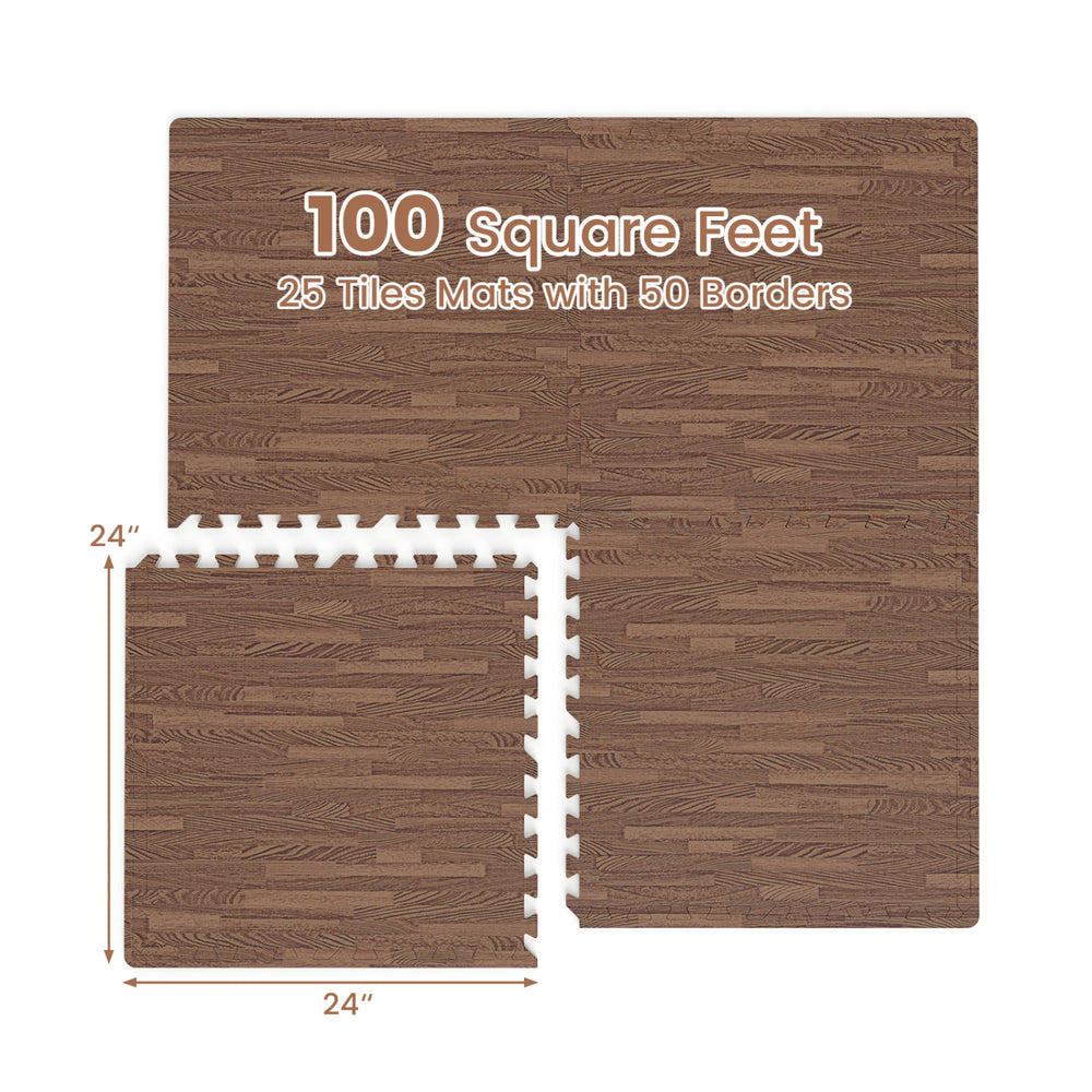 Brown wood grain foam floor mats set featuring 25 tiles and 50 borders, covering 100 square feet, 24x24 inches each.