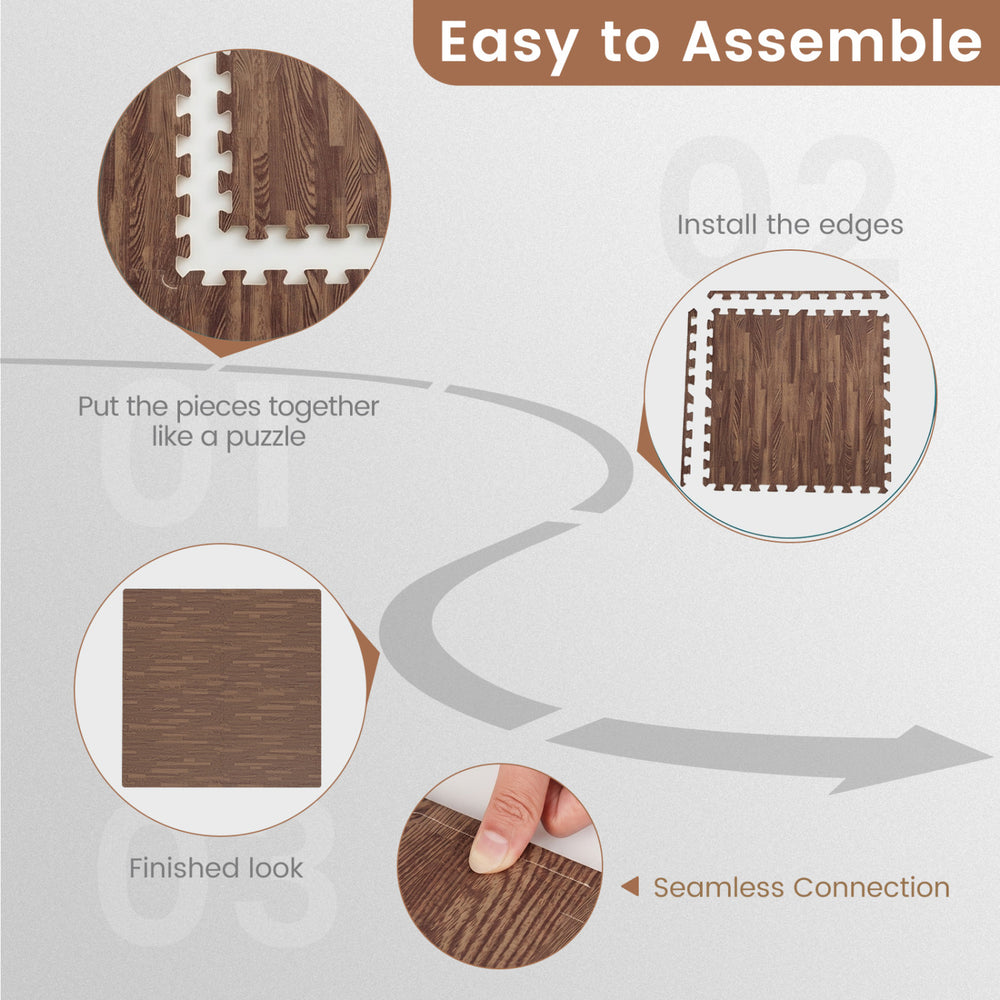 25 tiles of brown wood grain foam floor mats showing assembly steps for easy installation and seamless connection.