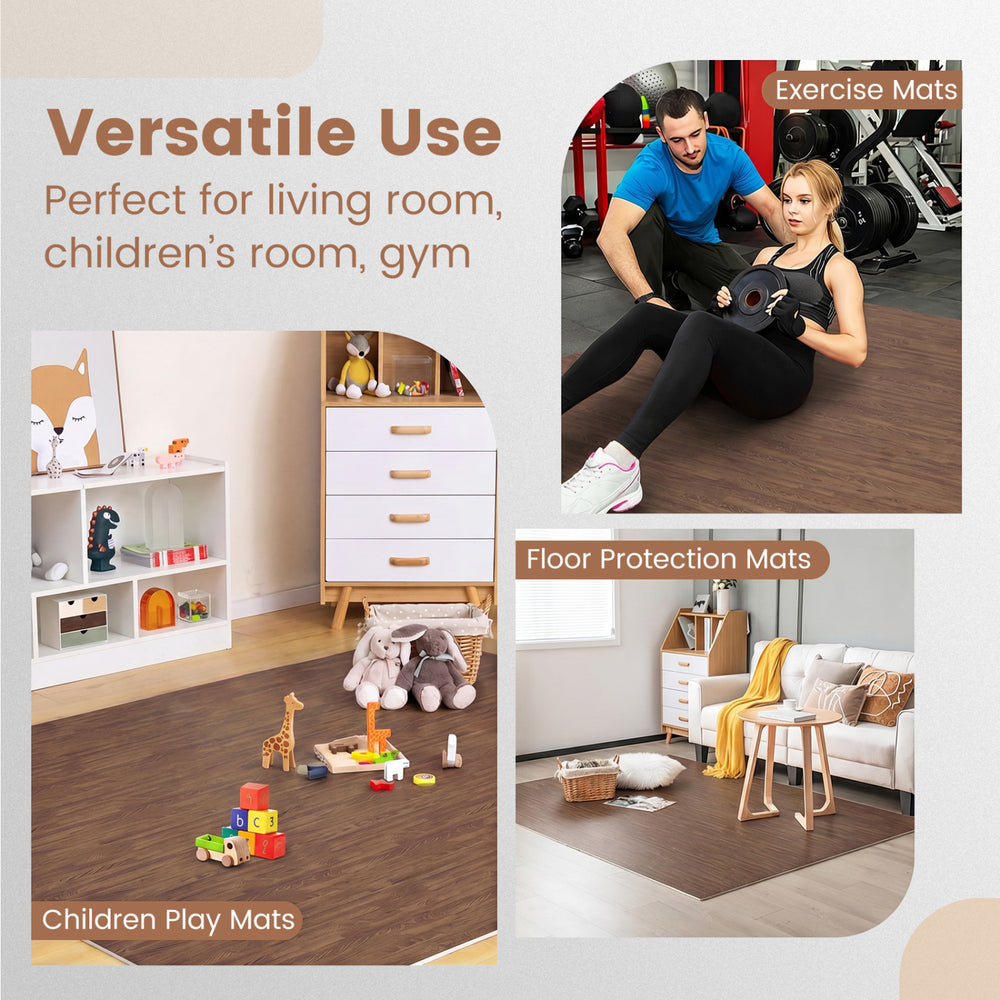 25 tiles of brown wood grain foam floor mats shown in a living room, ideal for children's play and exercise areas.