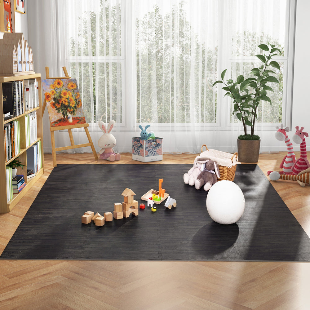 25 Tiles Wood Grain Foam Floor Mats with Borders-Black - Gallery View 1 of 10