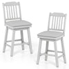 Set of 2 gray 25-inch modern bar stools with upholstered swivel seats and slat backrest for kitchen islands or cafes.