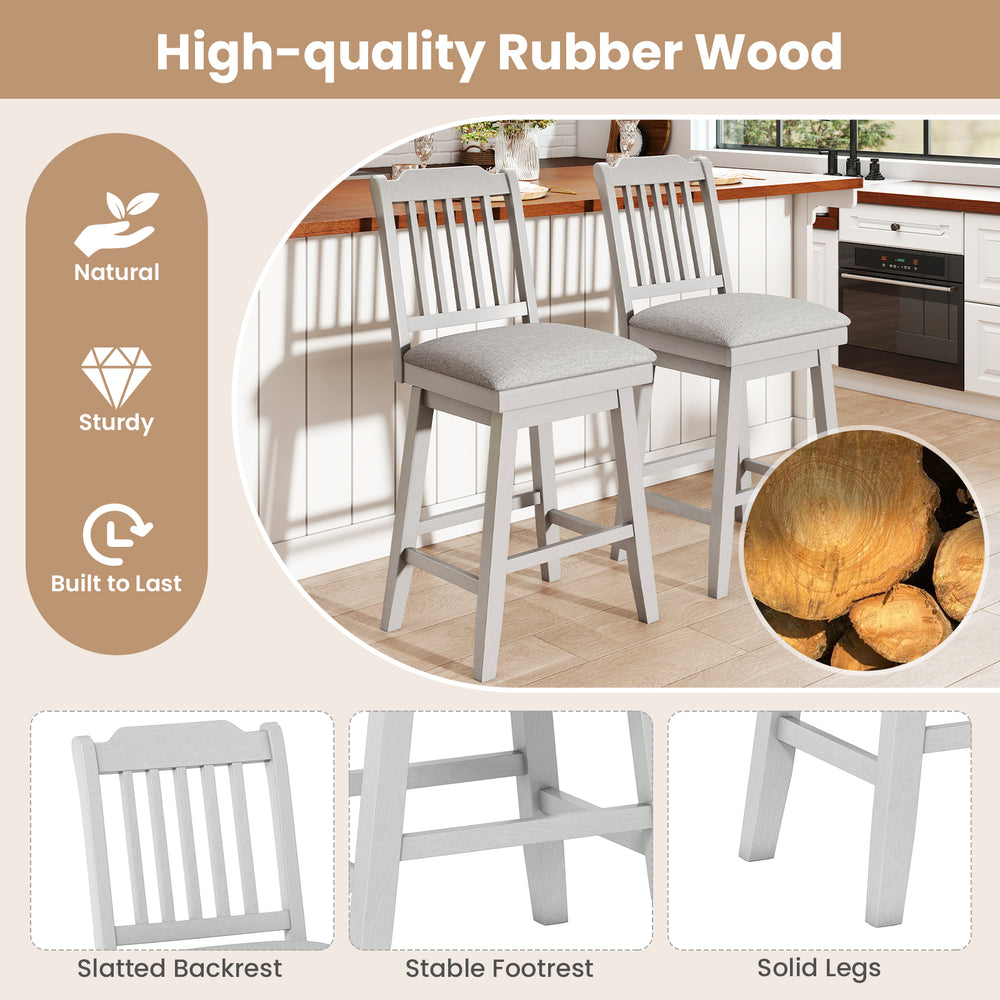 Modern bar stools set of 2 with gray upholstered swivel seats, sturdy rubber wood frame, ideal for kitchen islands.