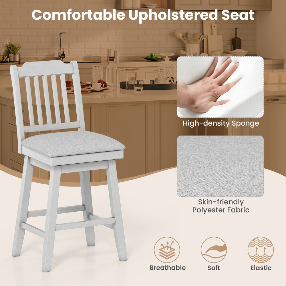 Modern 25-inch gray bar stool with upholstered swivel seat, padded sponge cushion, and sturdy rubber wood frame for.
