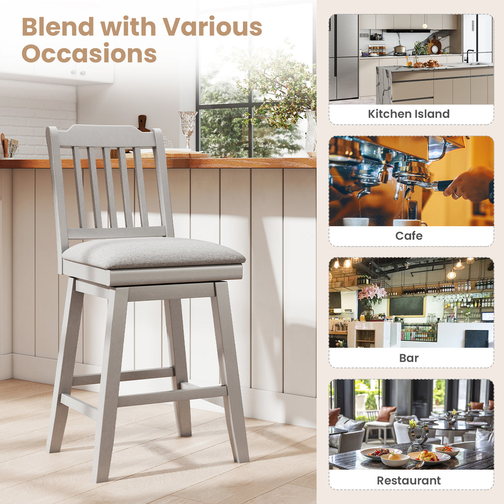 Gray 25-inch modern bar stool with upholstered swivel seat, ideal for kitchen islands and cafes, offering comfort and.