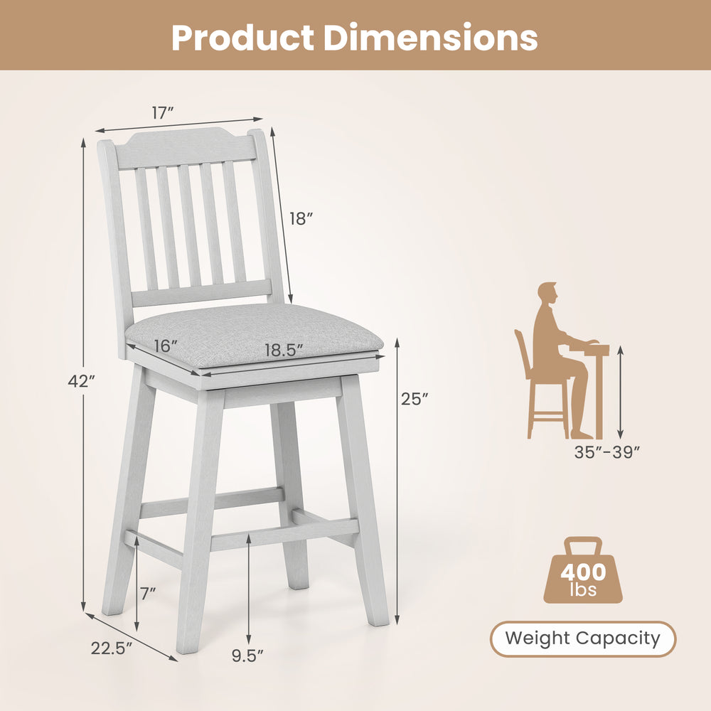 25-inch gray bar stool with upholstered swivel seat, slat backrest, and sturdy rubber wood frame for kitchen islands.