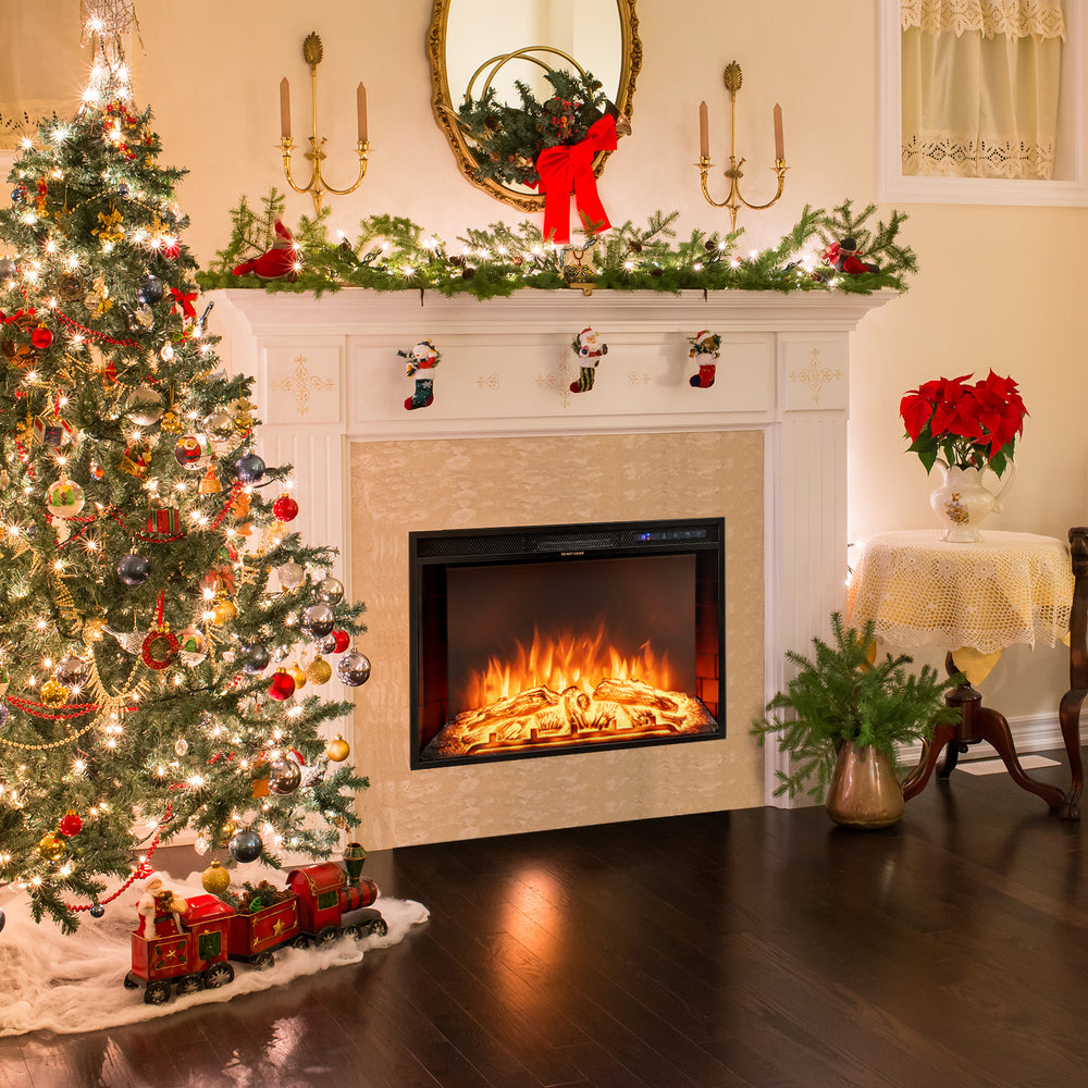 26-inch recessed electric fireplace with adjustable flame brightness, featuring realistic resin logs and remote control.