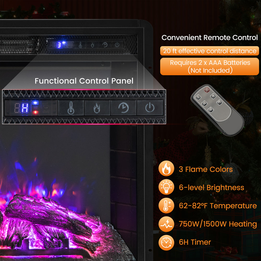 26-inch recessed electric fireplace with adjustable flame brightness, 3 colors, and remote control for cozy home.