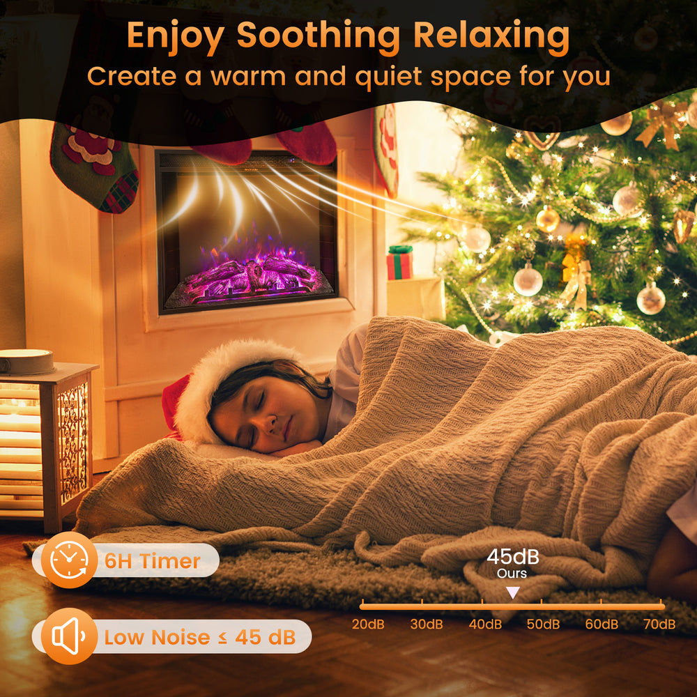 Recessed electric fireplace with adjustable flame brightness, 45dB low noise, perfect for cozy home relaxation.