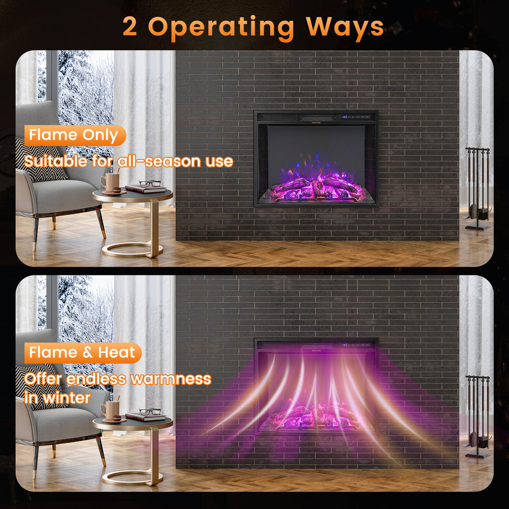 26-inch recessed electric fireplace showcasing flame only and flame & heat modes, ideal for year-round home decor.
